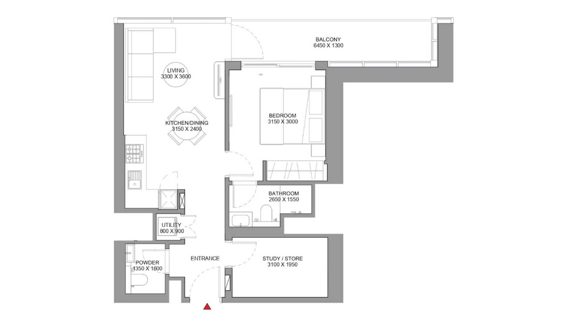 Apartment floor plan, 1 bedroom in SOBHA ORBIS No. 11026