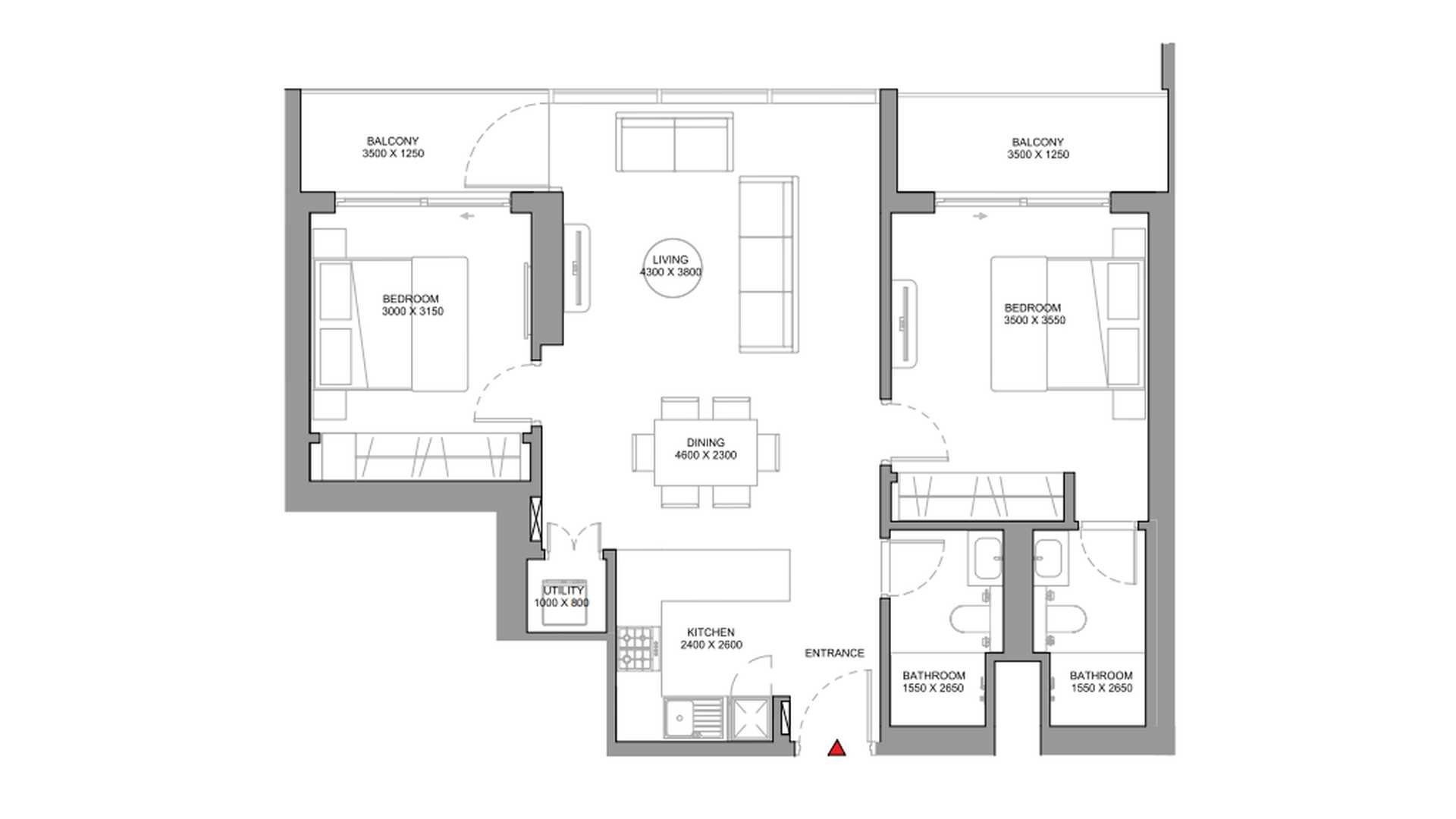 Apartment floor plan, 2 bedrooms in SOBHA ORBIS No. 11034