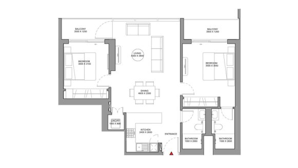 Apartment floor plan, 2 bedrooms in SOBHA ORBIS No. 11034 (2D)