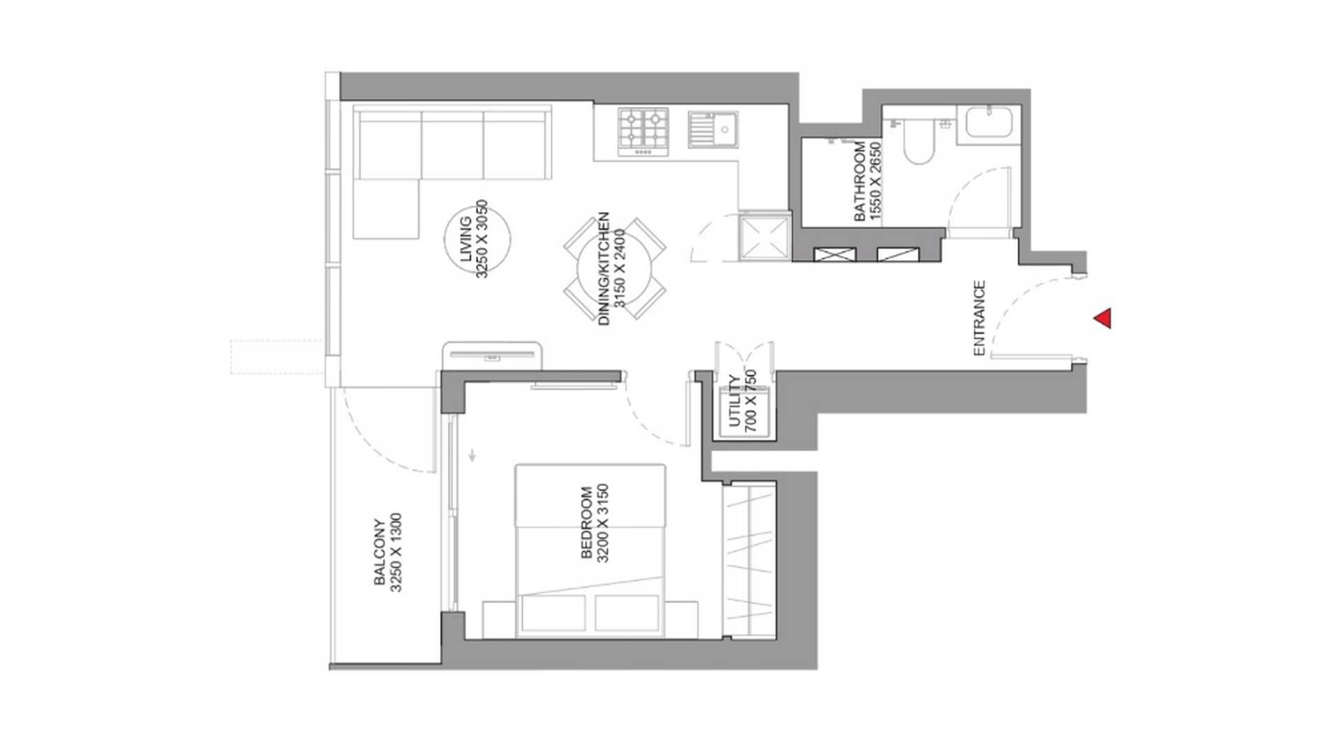 Apartment floor plan, 1 bedroom in SOBHA ORBIS No. 11029