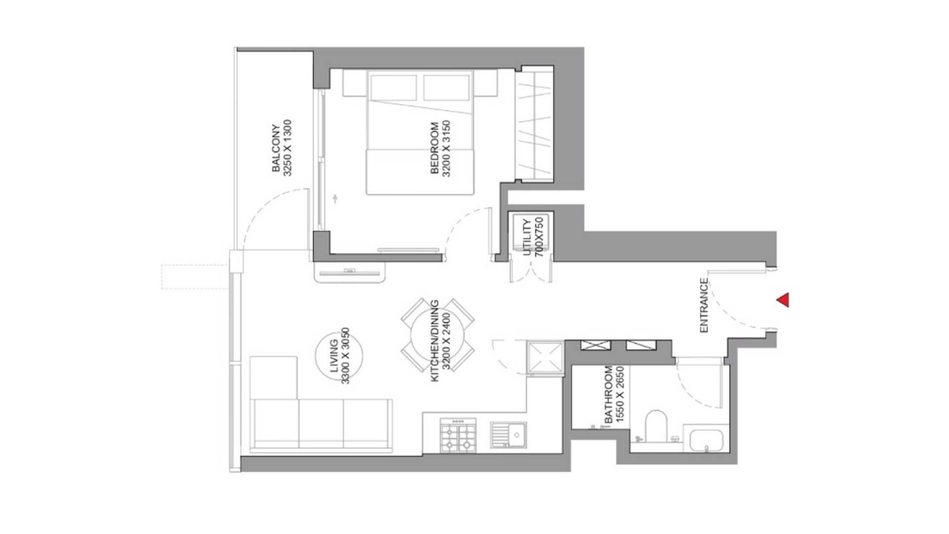 Apartment floor plan, 1 bedroom in SOBHA ORBIS No. 11030