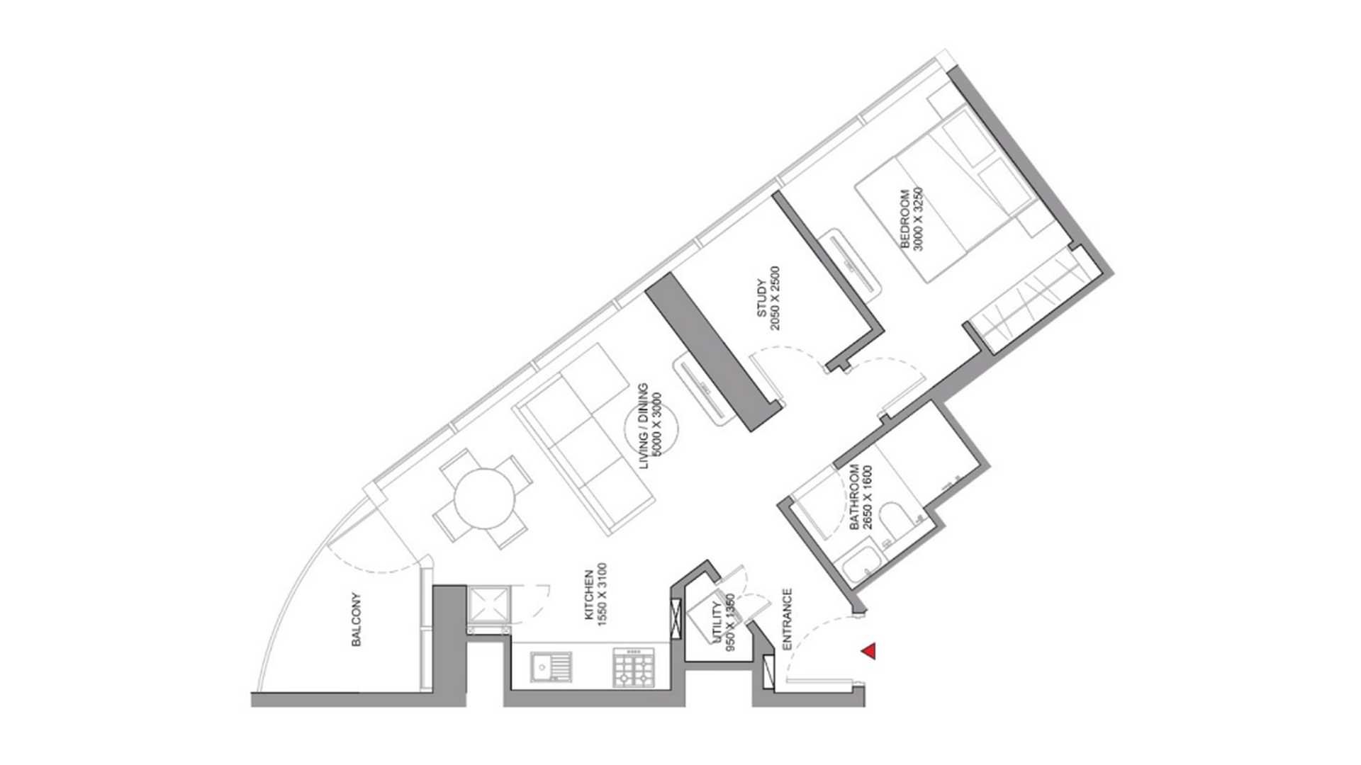 Apartment floor plan, 1 bedroom in SOBHA ORBIS No. 11027