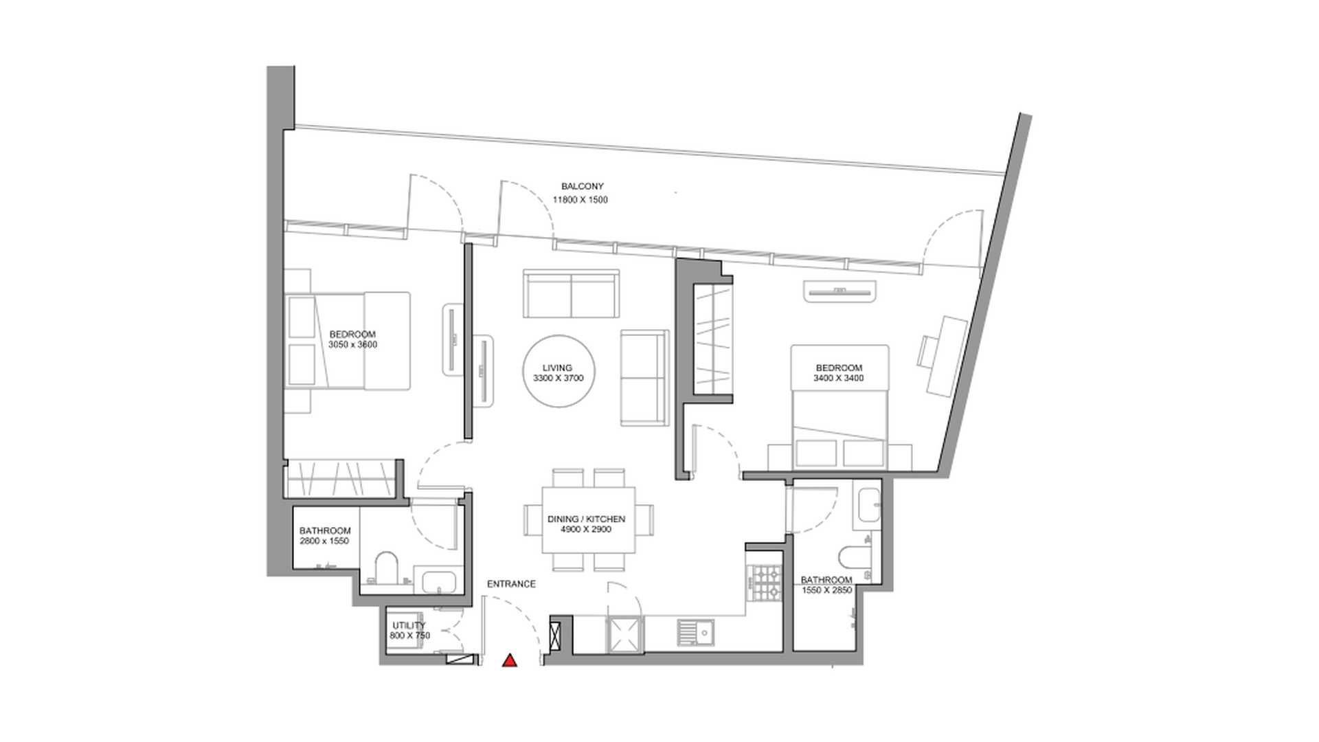 Apartment floor plan, 2 bedrooms in SOBHA ORBIS No. 11033