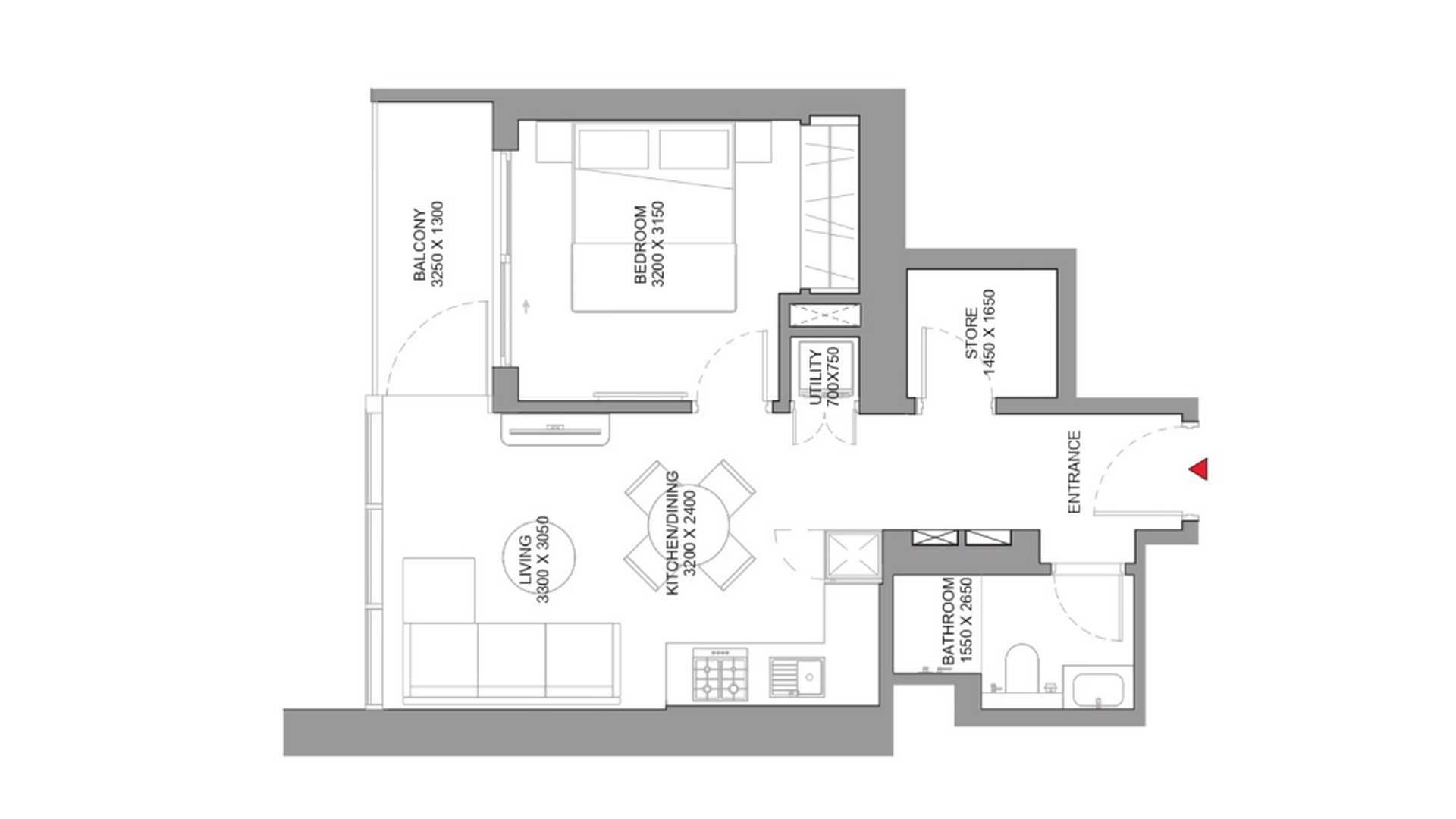 Apartment floor plan, 1 bedroom in SOBHA ORBIS No. 11028